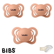 BIBS Couture Sutter med navn str1, Peach, Anatomisk Silikone, Pakke med 3 sutter